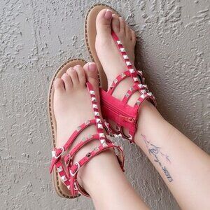 Women's Studded Strappy Flat Sandals Red Color